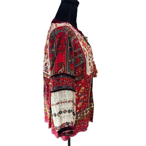 John Mark Boho Multicolor Floral Patchwork Blouse S Velvet Accents L/S Tassel - Picture 6 of 10